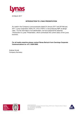 23 March 2017  INTRODUCTION TO LYNAS PRESENTATION As noted in the Company  s announcements dated