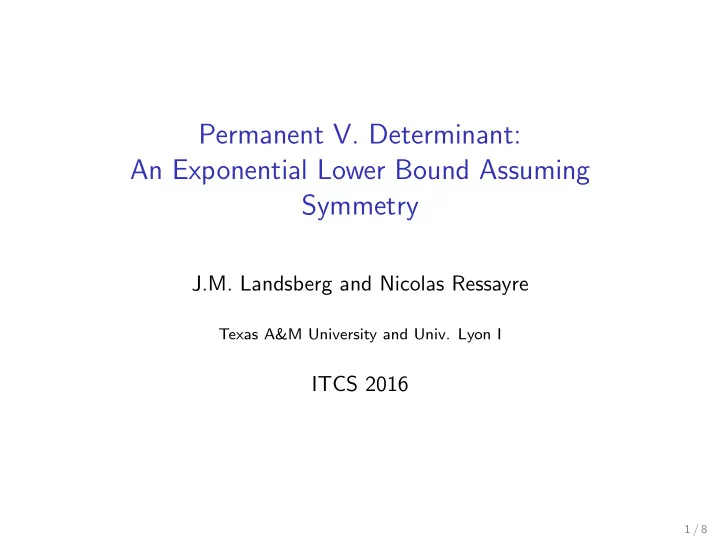 permanent v determinant an exponential lower bound