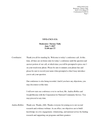 yutronmliedaXWUTSNMJC  NWX-CNCS (US)  Moderator: Tierney Tully  June 7, 2017  11:00 am CT