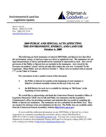 Shipman &amp; Goodwin LLP Environmental &amp; Land Use Legislative Update  C O U N S E L O R S  A T