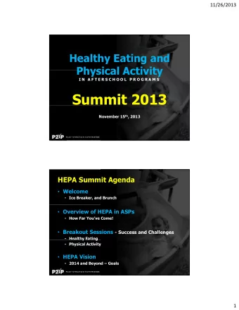 Summit 2013 November 15 th , 2013  POLICY TO PRACTICE IN YOUTH PROGRAMS  HEPA Summit Agenda