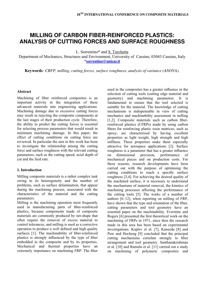 milling of carbon fiber reinforced plastics analysis of