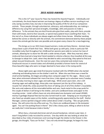 2015 ASSISI AWARD This is the 11 th year Cause for Paws has hosted the Awards Program.