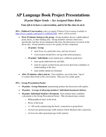 AP Language Book Project Presentations  20 point Major Grade ~ See Assigned Dates Below  Your job