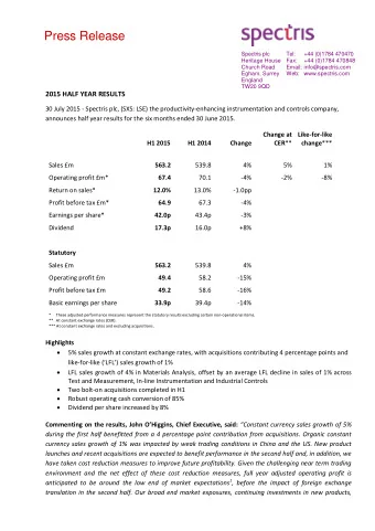 Press Release  Spectris plc  Tel:  +44 (0)1784 470470  Heritage House Fax:  +44 (0)1784 470848