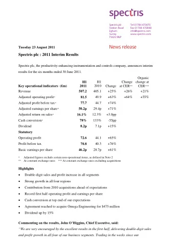 Spectris plc  Tel 01784 470470  Station Road  Fax 01784 470848  Egham  info@spectris.com  Surrey