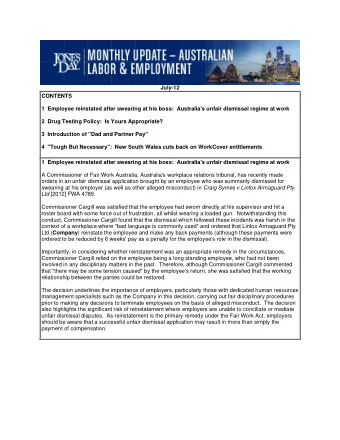 July-12 CONTENTS 1  Employee reinstated after swearing at his boss:  Australia's unfair dismissal