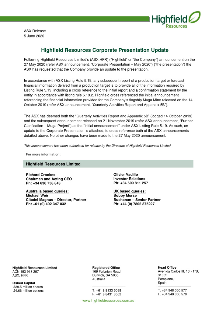 highfield resources corporate presentation update