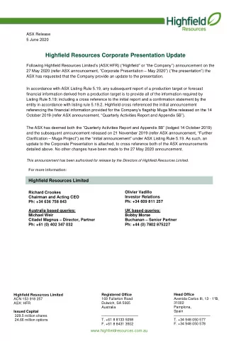 Highfield Resources Corporate Presentation Update Following Highfield Resources Limiteds