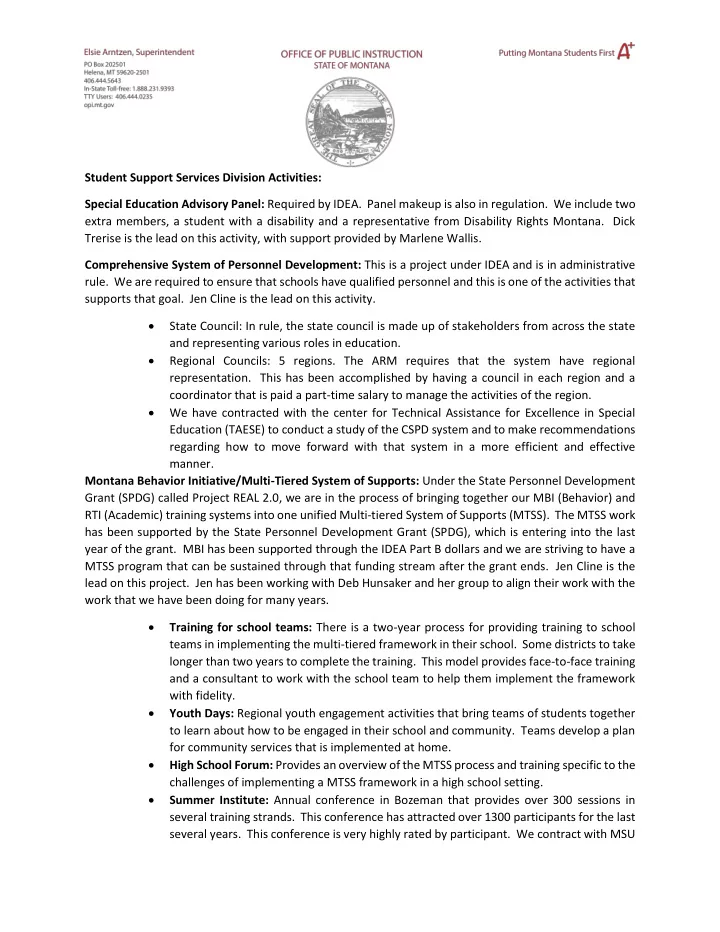 student support services division activities special
