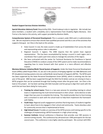 Student Support Services Division Activities: Special Education Advisory Panel: Required by IDEA.