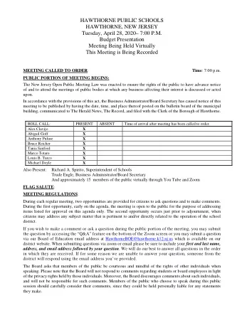 HAWTHORNE PUBLIC SCHOOLS  HAWTHORNE, NEW JERSEY  Tuesday, April 28, 2020 7:00 P.M.  Budget