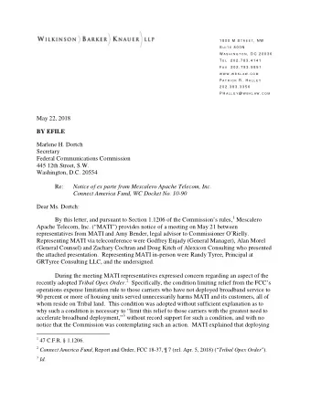 May 22, 2018  BY EFILE  Marlene H. Dortch  Secretary  Federal Communications Commission  445 12th
