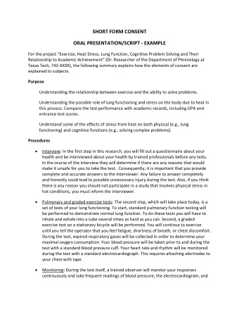 SHORT FORM CONSENT ORAL PRESENTATION/SCRIPT  EXAMPLE For the project Exercise, Heat Stress,