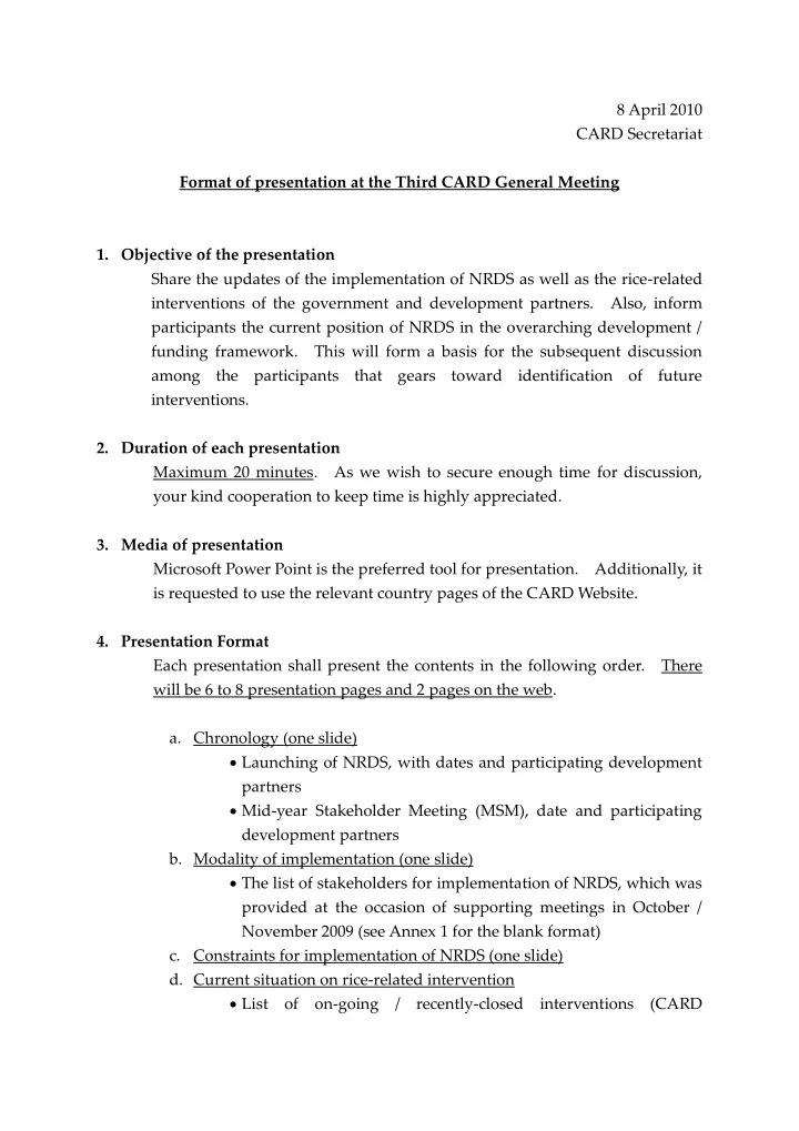 8 april 2010 card secretariat format of presentation at