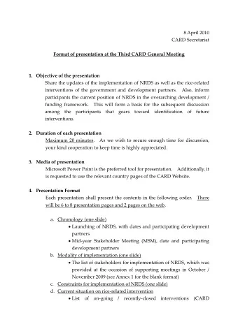 8 April 2010  CARD Secretariat  Format of presentation at the Third CARD General Meeting 1.