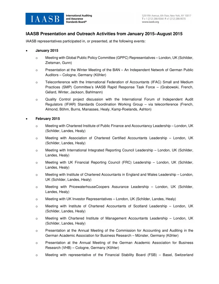 iaasb presentation and outreach activities from january