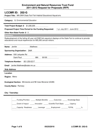 LCCMR ID: 202-G  Project Title:  MN DNR State Fair Fish Habitat Educational Aquariums  Category: