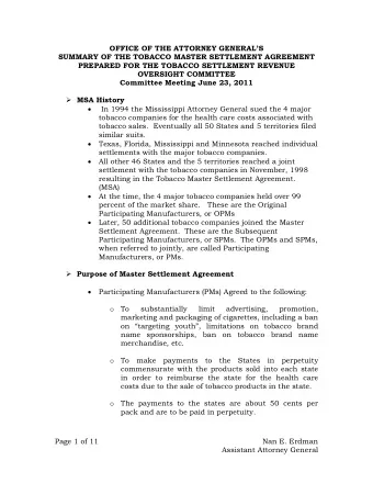 OFFICE OF THE ATTORNEY GENERALS  SUMMARY OF THE TOBACCO MASTER SETTLEMENT AGREEMENT  PREPARED