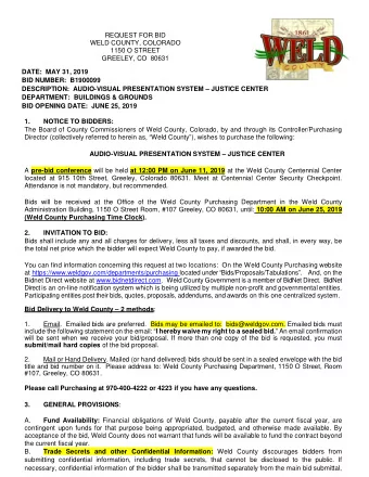 REQUEST FOR BID  WELD COUNTY, COLORADO  1150 O STREET  GREELEY, CO  80631  DATE:  MAY 31, 2019  BID