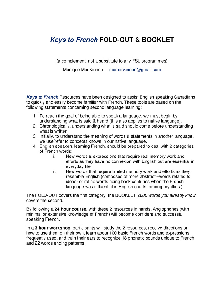 keys to french fold out booklet