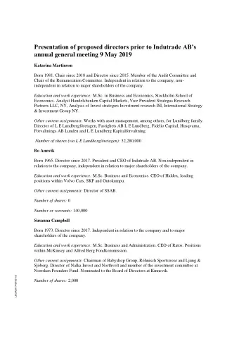 Presentation of proposed directors prior to Indutrade ABs  annual general meeting 9 May 2019