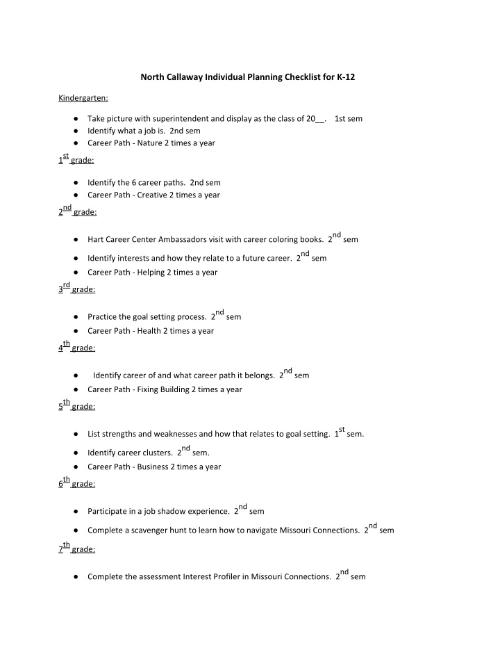 north callaway individual planning checklist for k 12