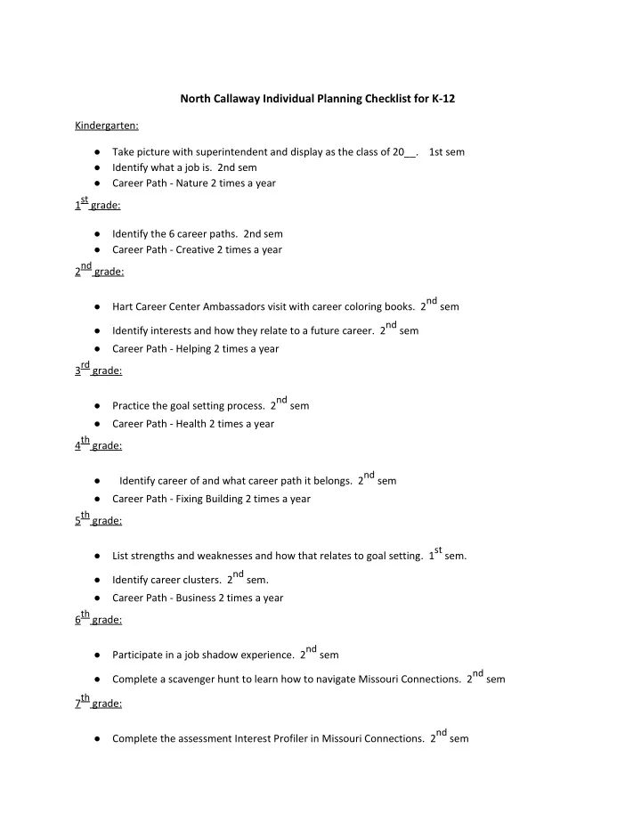 north callaway individual planning checklist for k 12
