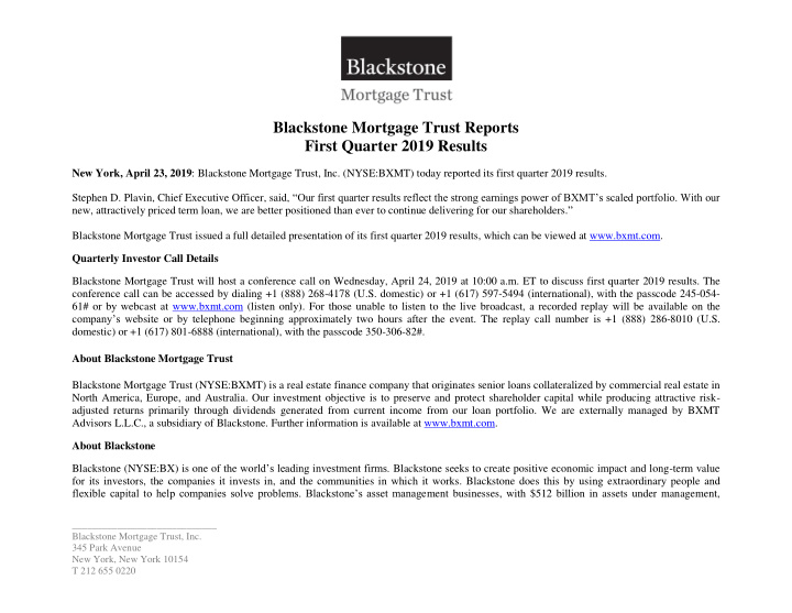 blackstone mortgage trust reports first quarter 2019