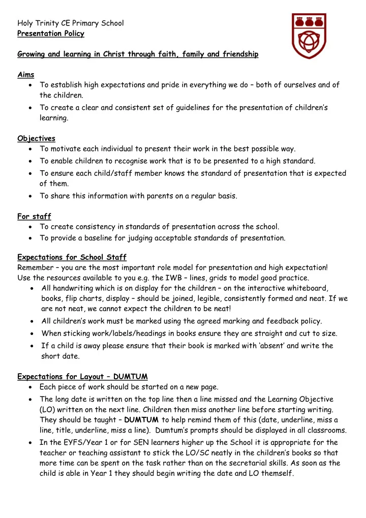 holy trinity ce primary school presentation policy