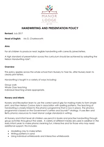HANDWRITING AND PRESENTATION POLICY Revised: July 2017 Head of English: Ms G. Charlesworth  Aims