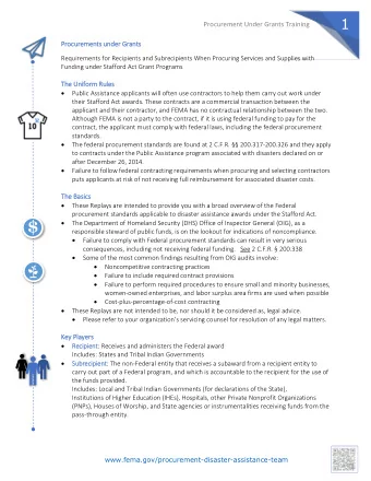 Procurement Under Grants Training   Fe  Federal  al Aw  Award  rdin  ing  g Age  gency: As the