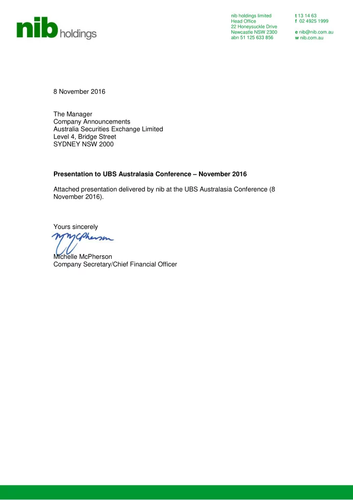nib holdings limited t 13 14 63 head office f 02 4925
