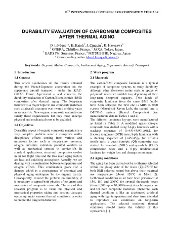DURABILITY EVALUATION OF CARBON/BMI COMPOSITES  AFTER THERMAL AGING D. Lvque 1 *, H. Katoh 2 ,