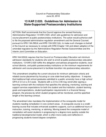 13 KAR 2:020.  Guidelines for Admission to  State-Supported Postsecondary Institutions ACTION :