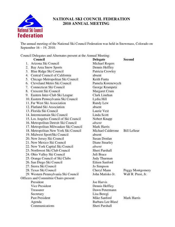 national ski council federation 2010 annual meeting
