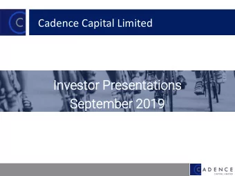 Se  Septemb  ember  er 2019  Agenda    At todays presentation we would like to cover: