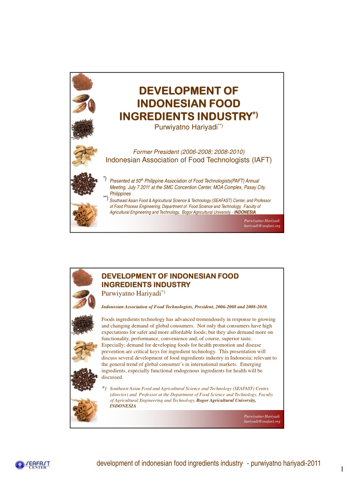 devel development of opment of indonesian food indonesian