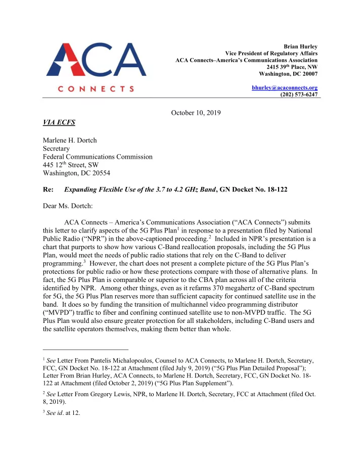 october 10 2019 via ecfs marlene h dortch secretary