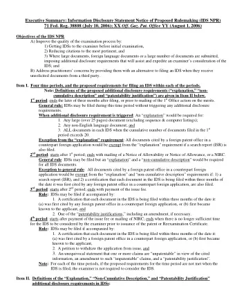 Executive Summary: Information Disclosure Statement Notice of Proposed Rulemaking (IDS NPR) 71 Fed.