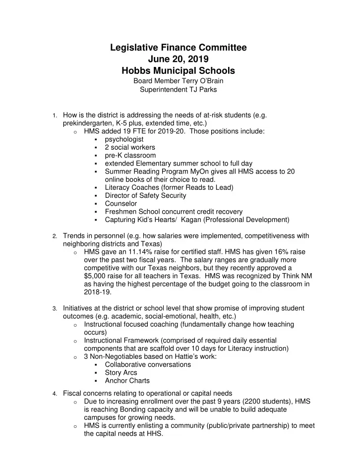 legislative finance committee june 20 2019 hobbs