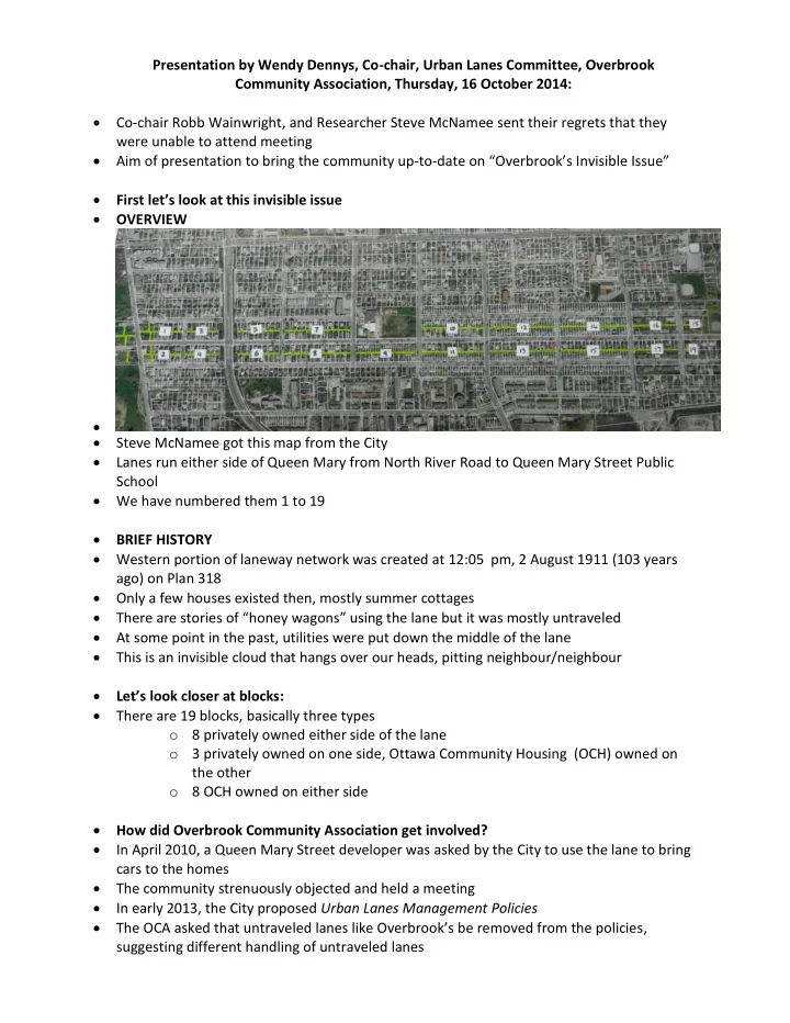 presentation by wendy dennys co chair urban lanes