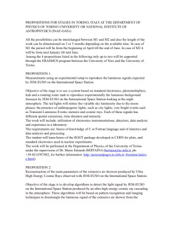 PROPOSITIONS FOR STAGES IN TORINO, ITALY AT THE DEPARTMENT OF  PHYSICS OF TORINO UNIVERSITY OR