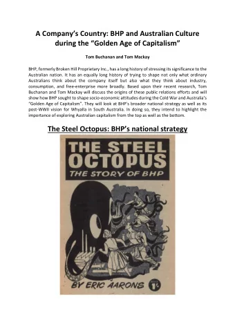 A Companys Country: BHP and Australian Culture during the Golden Age of Capitalism  Tom