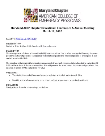 Maryland ACEP Chapter Educational Conference &amp; Annual Meeting  March 12, 2020 FACULTY: Mimi Le