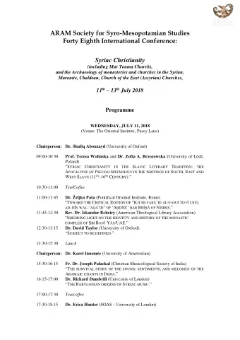 ARAM Society for Syro-Mesopotamian Studies  Forty Eighth International Conference:  Syriac