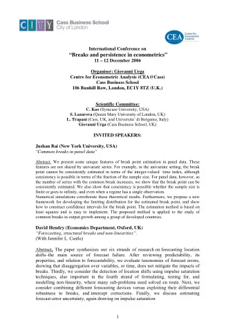 Breaks and persistence in econometrics  11  12 December 2006  Organiser: Giovanni Urga