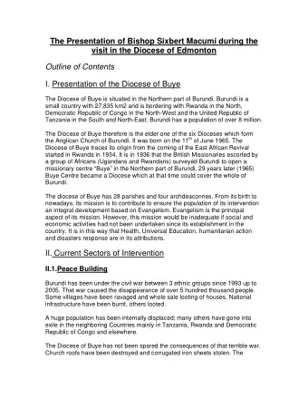 The Presentation of Bishop Sixbert Macumi during the  visit in the Diocese of Edmonton  Outline of