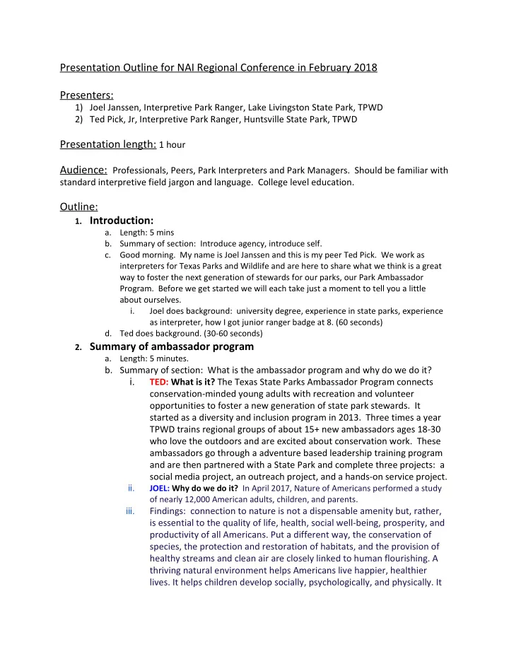 presentation outline for nai regional conference in