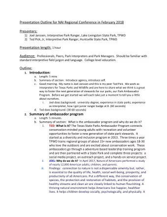 Presentation Outline for NAI Regional Conference in February 2018  Presenters:  1) Joel Janssen,
